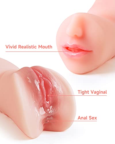 Image of 3 in 1 Pocket Pussy Male Masturbator, Sex Doll with 3D Textured Vagina & Tight Anus & Drying Stick, Adult Sex Toy Male Blowjob Stroker with Real Mouth Tongue for Man Masturbation (Fair Skin)