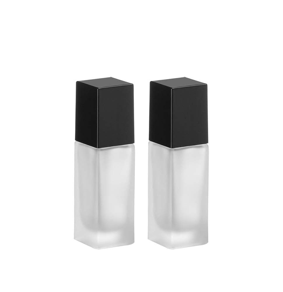 Yyngjck Black 2 Pack 20Ml/0.7Oz Empty Frosted Glass Foundation Bottle, Travel Refillable Square Lotion Pump Bottles For Essential Oils Liquid Body Cream Cosmetic Foundation Samples Vials Emulsion Essence Container