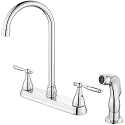 Fregadero Con Grifo Lateral Cinwiny Grifo de fregadero de cocina con rociador lateral de acero inoxidable de 2 asas de arco alto de 8 pulgadas con líneas de suministro para fregadero de cocina de 4 agujeros, cromo pulido