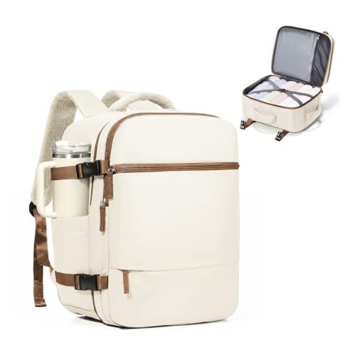 Image of suradar Travel Backpack for Women Men,Carry On Backpack Flight Approved Personal Item Travel Bag Laptop Backpack Waterproof Weekender Essentials Hiking Rucksack Casual Daypack Beige Brown
