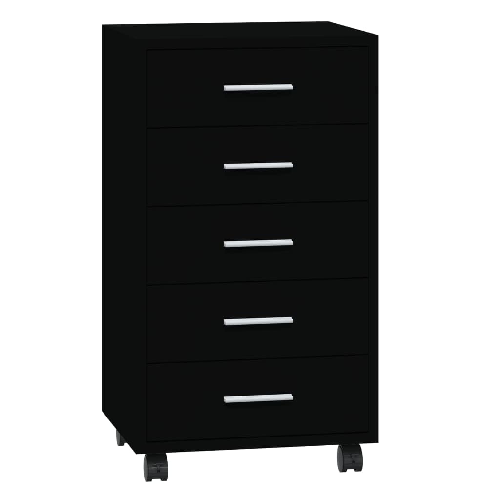 Cassettiera con ruote, in legno nero, 5 cassetti, per ufficio e casa, 33 x 38 x 63 cm