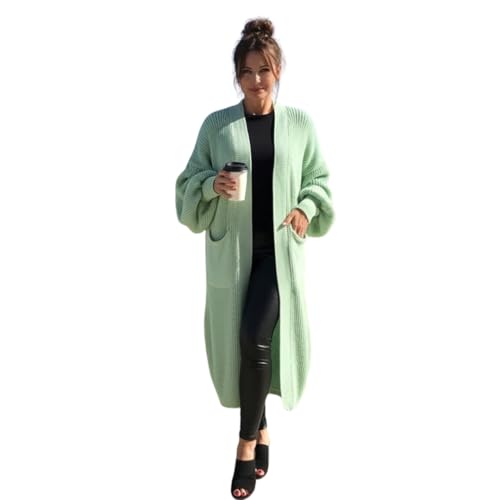 Image of HUBIBUBI Ladies Oversized Long Cardigan Balloon Sleeve Chunky Ribbed Open Knitted Maxi Jumper Ladies Maxi Knitted Puff Sleeve 2 Pocket Cardigan Boyfriend Sweater Top UK Size 8-22 Mint