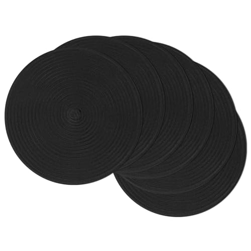 Image of SHACOS Round Braided Placemats Set of 6 Cotton Polyester Heavy Duty 15 inch Round Table Mats Washable Heat Resistant Place Mats (Black, 6)