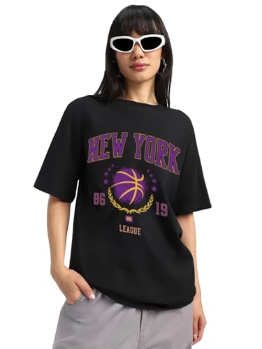 Image of JUNEBERRY Round Neck Drop Shoulder Round Neck Black & White Graphic Printed Pure Cotton Oversized Baggy Fit Half Sleeve T-Shirt for Women & Girls (Sizes: S to 2XL)