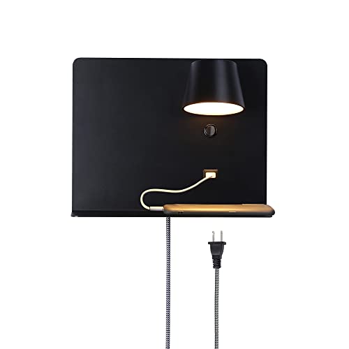 Lampe Murale LED de Lecture Noir Moderne avec Port Charge USB - Appliques Murales Rotative Réglable avec étagère - Luminaire Intérieur Veilleuse Décoration pour Salon Enfant Chambre, Blanc Chaud 3200K