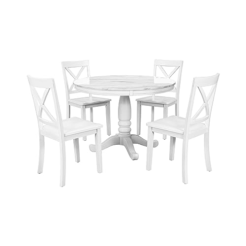 Kasue 5-Piece Round Dining Set With 1 41.7-Inch Table And 4 Chairs, Classic White Finish #TOP1