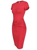 Laughido Women's Ruched Casual Plain Sundress Short Sleeve Knee Length Sheath Bodycon T Shirt Dress Watermelon Red
