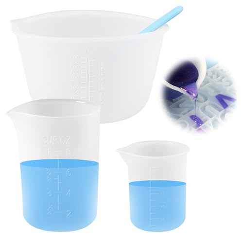 3 Pezzi Misurini In Silicone 600 Ml /250 Ml /100 Ml, Bicchieri Dosatori In Silicone con Asta di Agitazione In Silicone, Misurino Graduato Silicone Antiaderente per Cottura,Artigianato DIY (Traslucido)