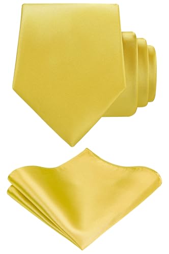 TIE G Solid Satin Woven dyed Color Formal Black Necktie and Pocket Square Sets in Gift Box (Mustard Yellow)