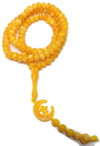 Islam Prayer Tasbih 99 Beads AMN-303 Muslim 8 mm. Rosary Bead Moon Star Decorated Tassels Haj Eid Ramadan Gift (Yellow)
