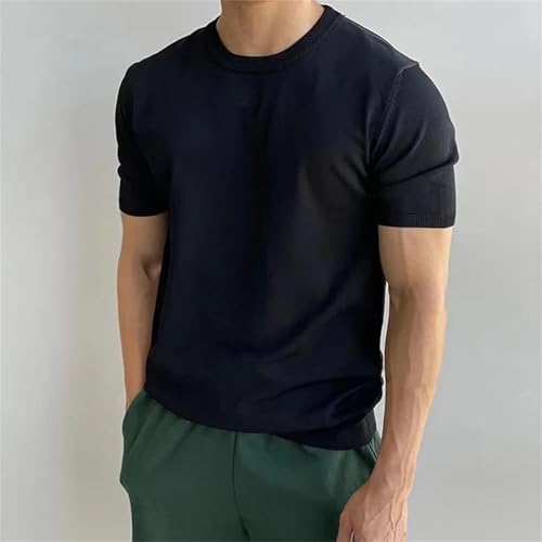 Solid Casual Round Neck Men's Loose Short Sleeved Knitted Pullover Men Silk Wool Simple Sweater3
