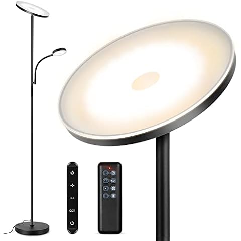 OUTON LED Floor Lamp, 27W/2400LM Modern Torchiere Lamp & 7W/ 400LM Reading Lamp, Bright Dimmable Standing Tall Lamp with 4 Color Temperature, Remote Touch Control for Living Room Bedroom Office, Black Cover