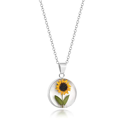 Preisvergleich Produktbild Natural Flower Jewellery Sonnenblumen-Anhänger, rund, mit echter Sonnenblume, Fassung aus Sterling-Silber und Harz