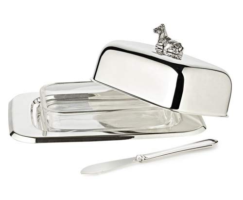 Edzard - Mantequillera (13 x 18 cm, altura 8 cm, bañada en plata, con bol de cristal, incluye cuchillo), diseño de vaca