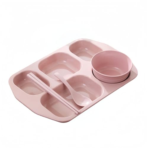 仕切り皿 ランチプレート 5分割 深型 小麦ストロー素材 | 食洗機・電子レンジ対応 お手入れ簡単 | 大人用 子供用 業務用にも最適 4枚セット ベージュ (ピンク)