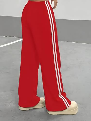 Image of THIRD QUADRANT Women's Wide Leg Track Pants for Women | Black with White Side Stripes | Drawstring Waist (in, Alpha, L)