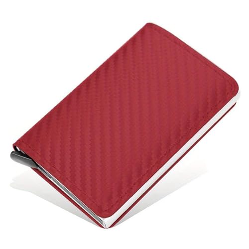 Slim Wallet for Men - Pop up Card Holder RFID Blocking Minimalist Business Credit Card Wallet with Money Pocket Metal Card Case for 7-10 Card Capacity (carbon fiber red)