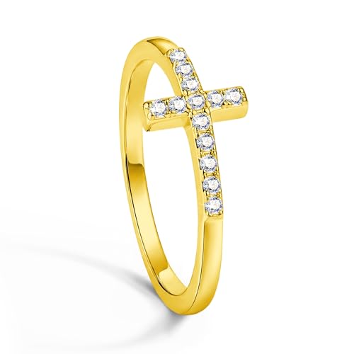 Delzzad Moissanite Cross Ring for Women 18K Gold & White Gold Plated Real Sparkle Religious Ring Hypoallergenic Cross Purity Rings for her Valentines Mothers Day Gift Size 5-10 (Yellow Gold 8)