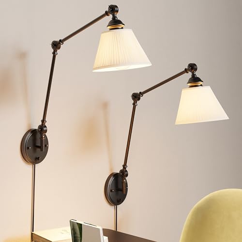 Image of Plug in Wall Sconces Set of Two, Black Swing Arm Wall Lamp with 6.6FT Plug-in Cord and Knob Switch, Fabric Wall Lights for Bedroom, Reading, Study Room, Office, Living Room (2 Pack)
