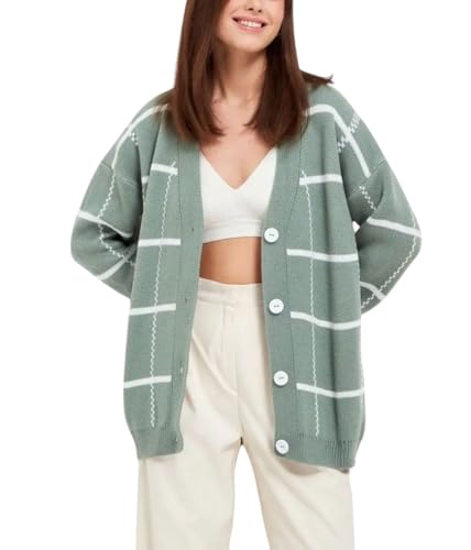 chouyatou Women's 2025 Plaid Button Down Cardigans Checkered V Neck Knit Cardigan Sweater Jacket Outerwear Coat