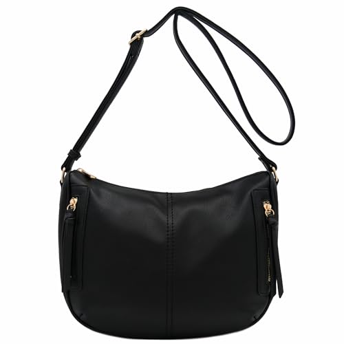 FashionPuzzle Faux Leather Two Front Zipper Pocket Crossbody Saddle Bag (Black-A)2