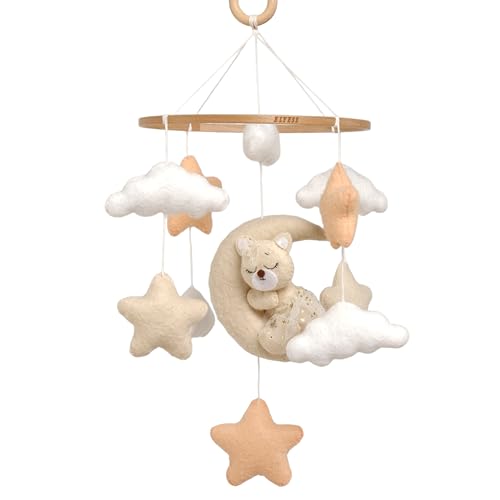 Image of Crib Mobile for Girls, Sleeping Princess Bear Baby Mobile for Crib, Handmade Felt Crib Mobile, Baby Crib Mobile with Cloud and Stars, Nursery Baby Mobile for Bassinet (Princess)