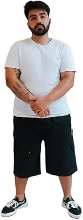 Bermuda Cargo Unissex Skate Casual Larga 6 Bolsos Masculina Laterais 100% Sarja (BR, Alfa, Único, Regular, Regular, G2, Preto)