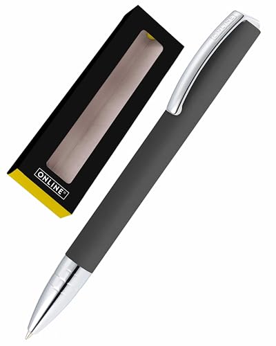 Online Kugelschreiber Vision Grau I Drehkugelschreiber mit Standard Großraummine in Strichstärke medium, Schreibfarbe Schwarz I Eleganter Kuli aus Aluminium in Geschenkbox