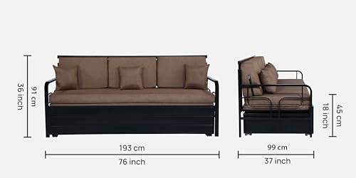 Image of 3 Seater Metal Sofa Cum Bed with Hydraulic Storage | Comfortable Sofa Set for, Living Room, Bedroom, Guest Room| King Size Convertible Sofa with Cushion |King Size (Brown & Black)
