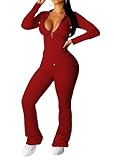 PINSV Women 2 Piece Outfits Workout Bodycon Tracksuit Long Sleeve Zip Up Hoodie Jacket Matching Flared Pants Sets Red L