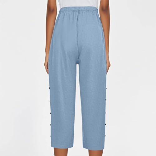 Linen Pedal Pushers for Women Lightweight Summer Side Buttons Linen Capri Pants Casual Elastic Waist Gauze Pants 20254