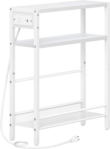 Image of HOOBRO Small Narrow Side Table with Charging Station, Skinny End Table for Small Spaces, Slim Nightstand with USB Ports Outlet, Sofa Beside Table with Storage Shelf, White WT102UBZ01