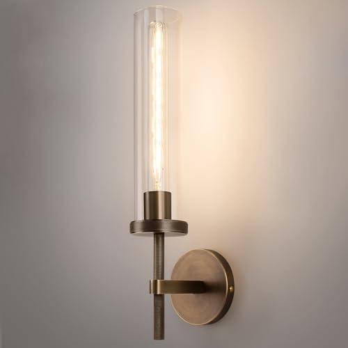 vookea 19.5" Knurled Brass Wall Sconce with Clear Glass Tube, Bronze Bathroom Vanity Light Fixtures, Modern Lamp Lighting for Bedroom, Living Room, Hallway, Staircase, Mirror, Kitchen