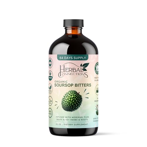 Soursop Bitters Liquid 32 Ounces - 64 Servings - 20 Herb Formula with Soursop Moringa Sea Moss Turmeric Ginger & Cayenne | Gut Health Natural Cleanse & Daily Wellness | Vegan & Organic