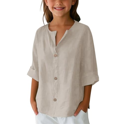 ，Teen Cotton Linen Shirts for Girls 3/4 Roll Up Sleeve Summer Casual Loose V Neck Button Down Blouses Tunic Tops2