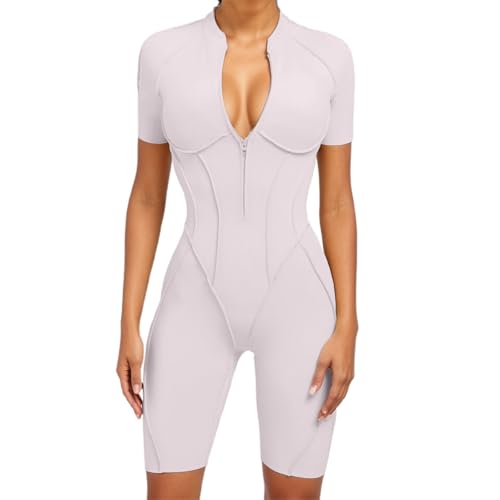 Body de yoga manches courtes et fermeture éclair - Combinaison de sport moulante pour femme