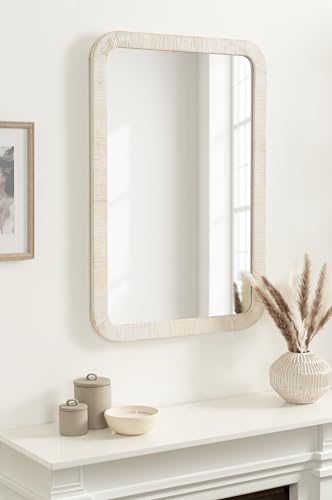 Kate and Laurel Rahfy Boho Rectangle Rattan Mirror; 24 x 36; White; Decorative Rounded Rectangular Wall Mirror with Authentic Rattan Frame for Vanity Bathroom Mirror - Image 3