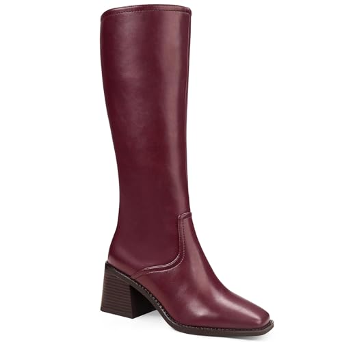 Image of Knee High Boots Women - Long Elastic Faux Leather Boots Tall Square Toe Chunky Block High Heel Shoes with Side Zipper