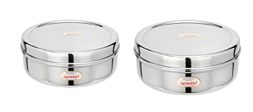 Image of JAGGERY Stainless Steel container Useful as Tiffin or Lunch Pack /Fridge Storage Box /Steel Puri Dabba-Set Of 2pcs(Dia-17cm,19cm) Capacity-950, 1250ml