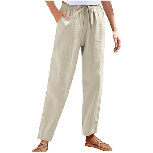 Womens Cotton Linen Tapered Pant Summer Elastic Waist Drawstring Ankle Cropped Trouser Casual Beach Pant with Pocket Beige
