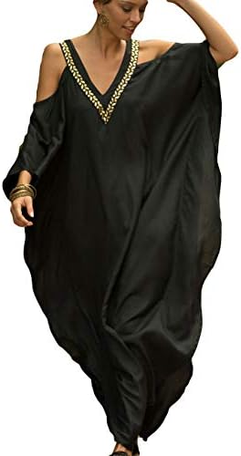 Bsubseach Women Cold Shoulder V Neck Plus Size Bikini Swimsuit Cover Ups Beach Maxi Dress Black