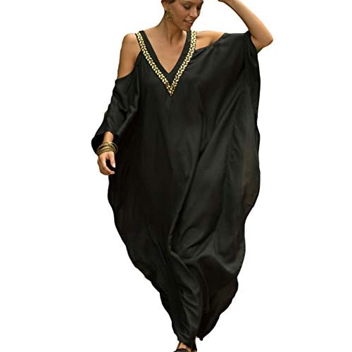 Bsubseach Turkish Cold Shoulder Kaftan Dresses Swimsuit Cover Up Maxi Dress Beach Cover Ups Black
