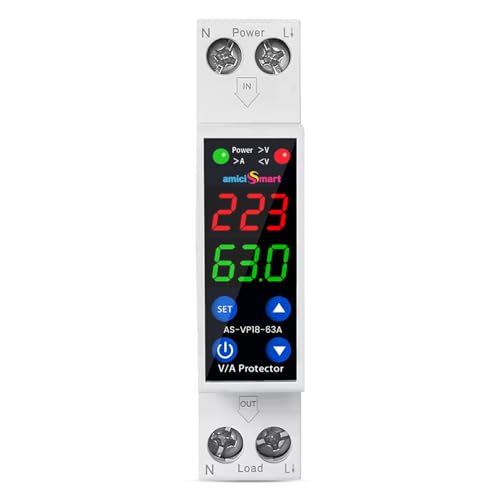 Image of amiciSmart 63A Adjustable Digital Voltage Protector with Dual Display | 18mm Ultra-Compact Over /Under Voltage & Over Current Protection | Auto Recovery | Single Phase | 230VAC (13.8kW)