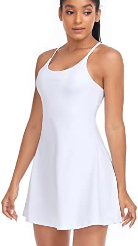 Women's Tennis Dress, Athletic Workout Sports Golf Dresses with Built-in Bra & Shorts Exercise Dresses for Women White