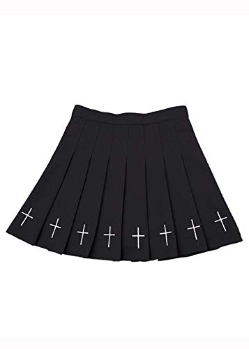 Punk Cross Print Dark Mini Skirts Chain Belt Black Uniform Pleated Skirt, Style-3 Black, X-Large