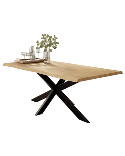 Liadomo Esstisch 140x80 Isa Natur, Baumkantentisch, Akazie Massivholz Tisch, 26mm Tischplatte Lackiert, Robust & Pflegeleicht, Unikat, Spider-Gestell Metall schwarz
