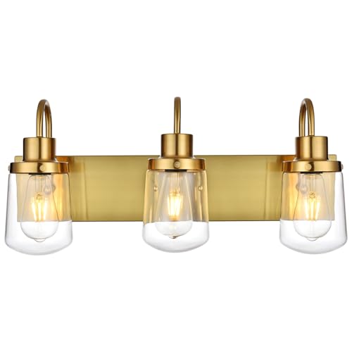 Image of Yaohong Modern Bathroom Vanity Light, 3 Light Bathroom Light Fixture Over Mirror, Gold Bathroom Light with Glass Shade for Bedroom Vanity Cabinet Hallway Stairs