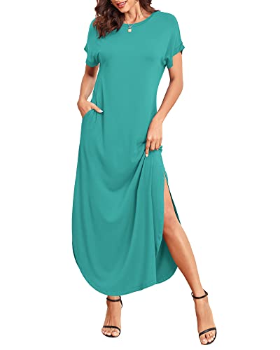 AUSELILY Vestido Largo Verano Mujer Manga Corta Estampado Floral Maxi Vestido Informal Vestido Playa Largo Bohemio con Bolsillos Verde Oscuro S Cover