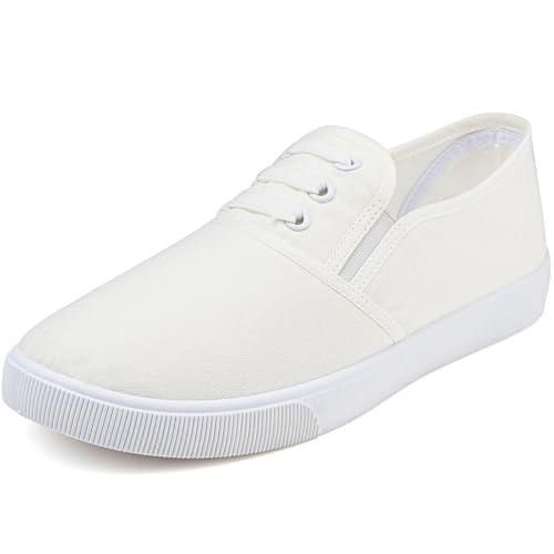Image of Womens White Canvas Sneakers Lightweight Lace Up Fashion Comfortable Canvas Shoes Low Top Slip On Casual Tennis Walking Shoes Women Footwear