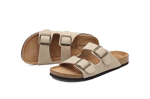 FANTURE Kids Sandals with Arch Support, Genuine Leather Cork Footbed Slide Sandals for Boys Girls, Adjustable Double Strap Lightweight Flat Summer Beach Shoes(U425ZPTX1035.EL-Khaki-36)